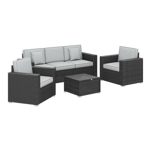 Outsunny 5 Seater Rattan Garden Furniture Set with wide armrests and grey cushions