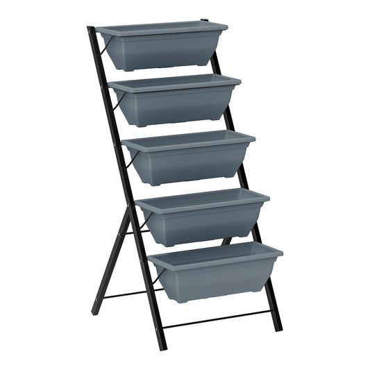 Outsunny 5-Tier Raised Garden Bed with five grey rectangular planters on a black metal frame