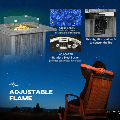 The gas fire pit table with close-ups of the glass beads and the ignition knob