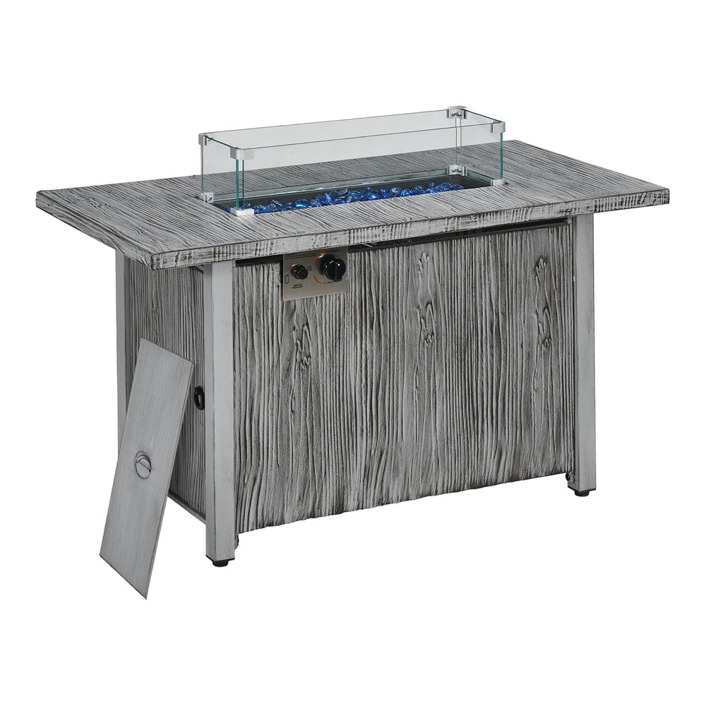 Outsunny 50,000 BTU Gas Fire Pit Table with a glass screen and a removable side panel