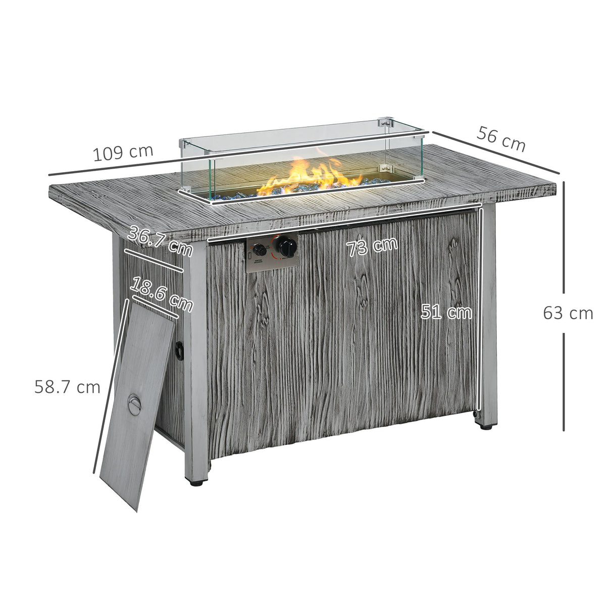 The gas fire pit table showing various dimensions with white lines and text