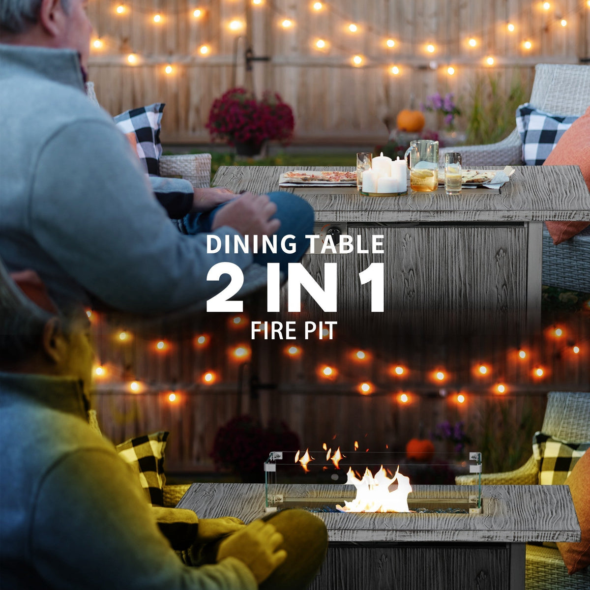 The gas fire pit table shown as a dining table and as a lit fire pit
