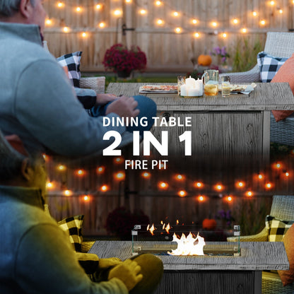 The gas fire pit table shown as a dining table and as a lit fire pit