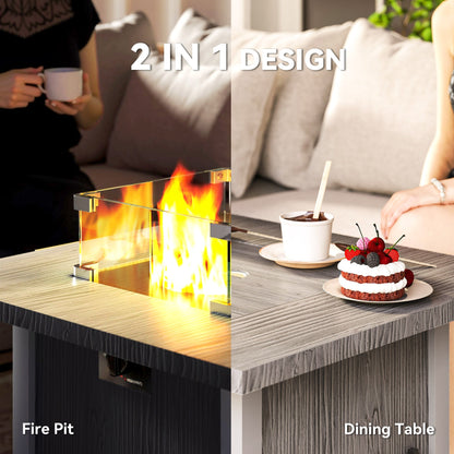 The gas fire pit table shown as a lit fire pit on the left and a dining table on the right