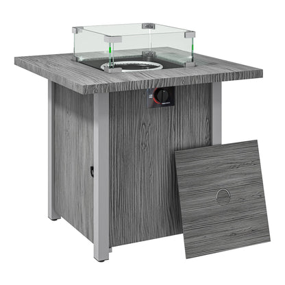 Outsunny 50,000 BTU Gas Fire Pit Table, a dark grey square table with a glass surround and a lid resting beside it