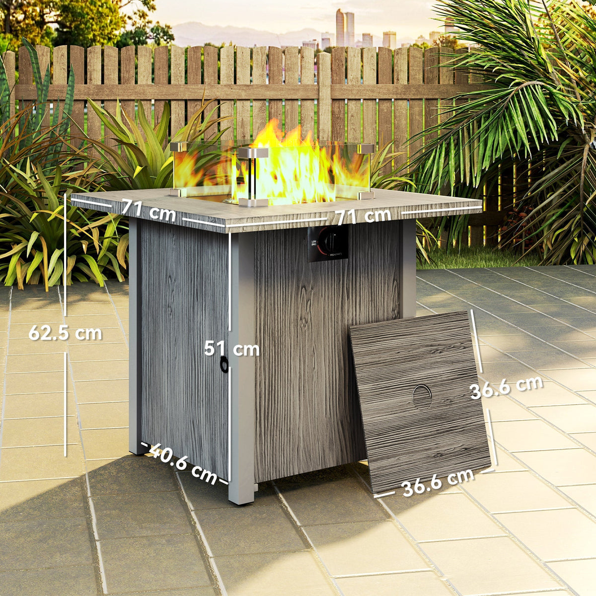The gas fire pit table shown with dimensions for its height, width and depth