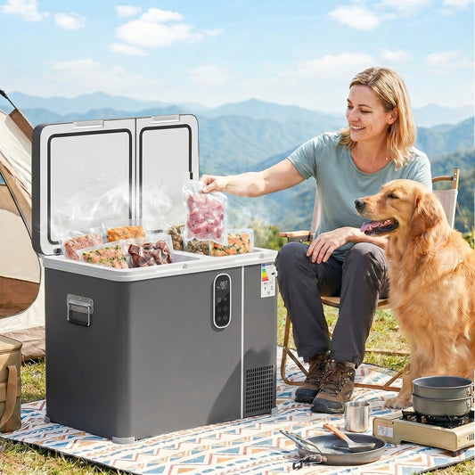 Woman and dog with the dual zone camping refrigerator filled with food outdoors