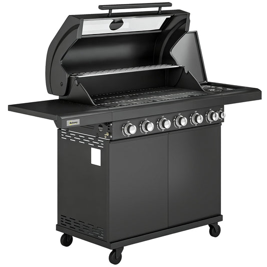 Outsunny 6+1 Burner Gas BBQ Grill, a black trolley barbecue with a warming rack and side shelves