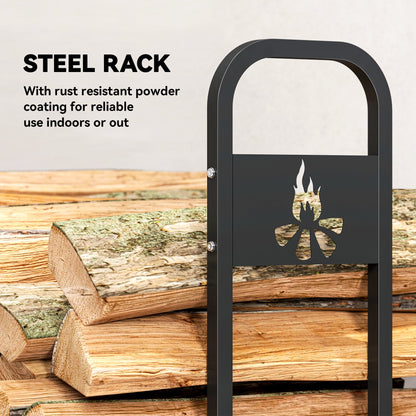 Close up of the steel log rack showing the bonfire pattern and texture
