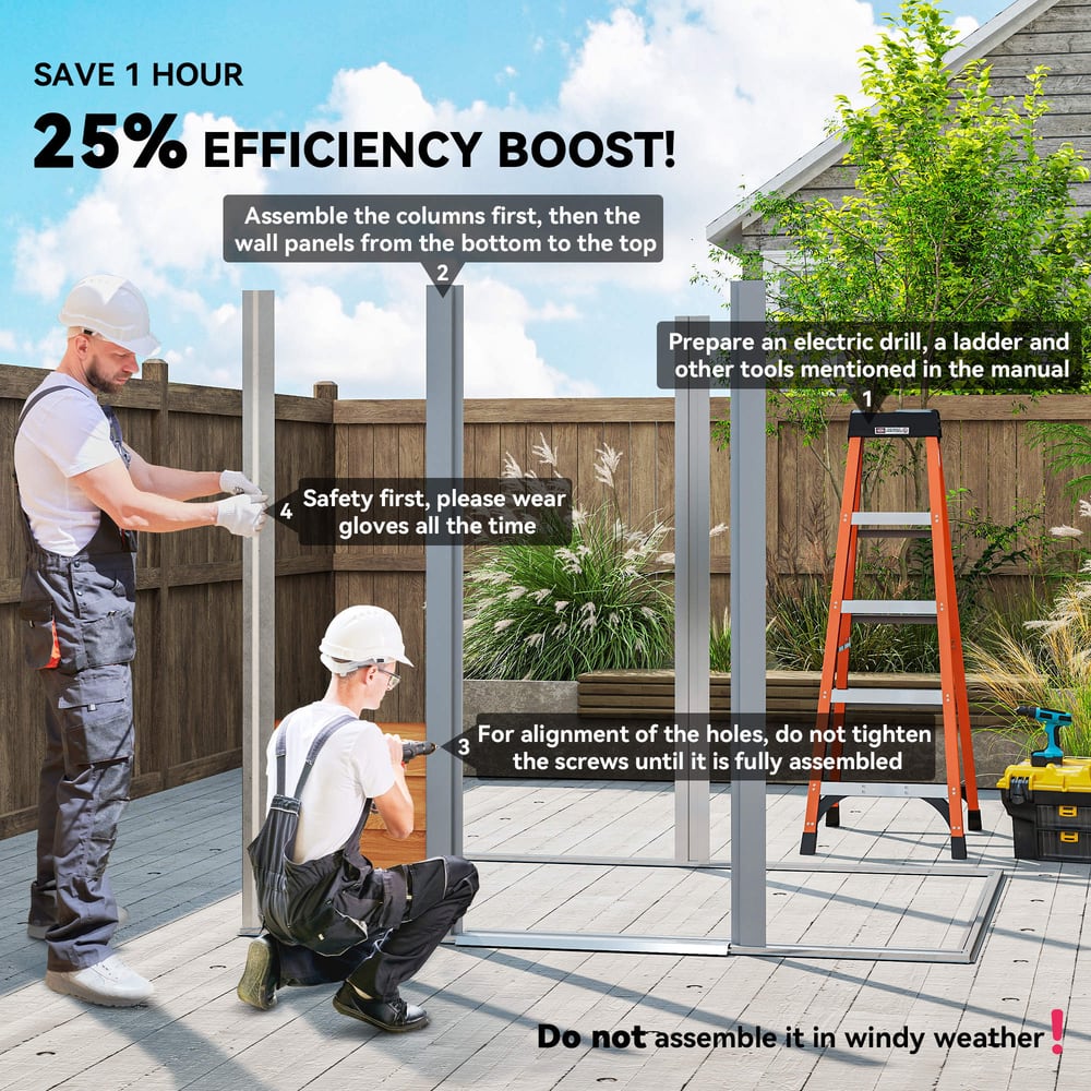 Two men assembling the metal garden shed frame with instructions and tools nearby
