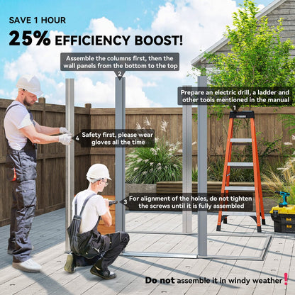 Two men assembling the metal garden shed frame with instructions and tools nearby