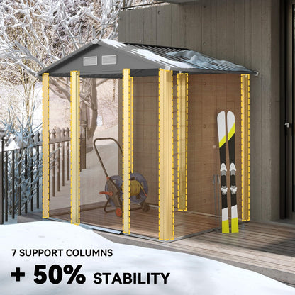 Interior view of the garden shed showing support columns and stored items like skis and a hose reel