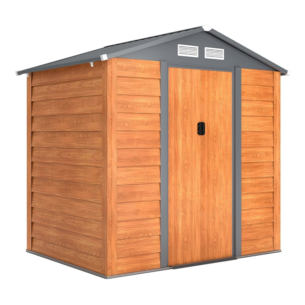 Outsunny 6.5 x 5ft Metal Garden Shed in brown wood effect with grey trim and a sliding door
