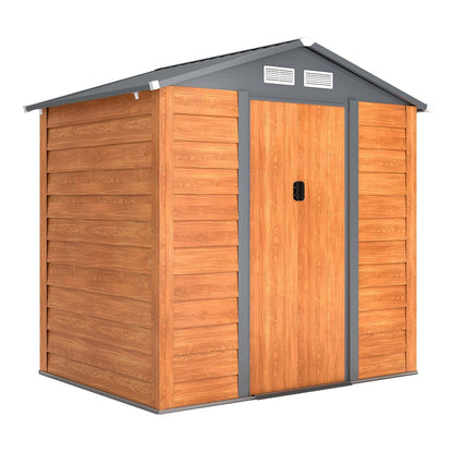 Outsunny 6.5 x 5ft Metal Garden Shed in brown wood effect with grey trim and a sliding door