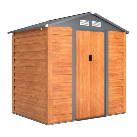 Outsunny 6.5 x 5ft Metal Garden Shed in brown wood effect with grey trim and a sliding door