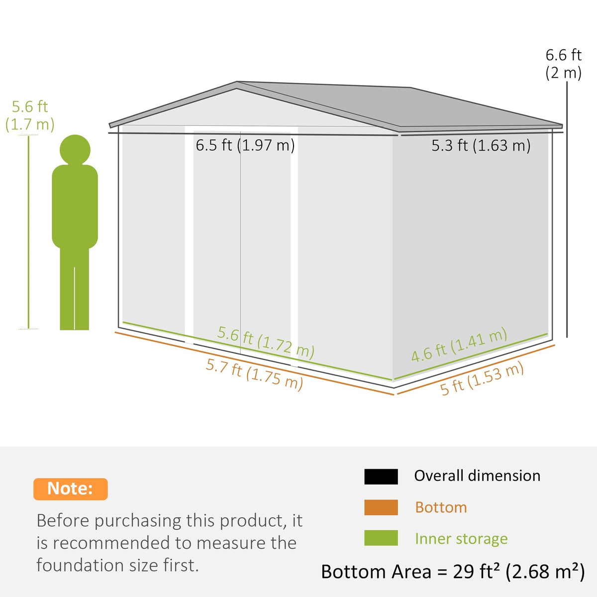Diagram showing the dimensions of the garden shed with a silhouette of a person for scale