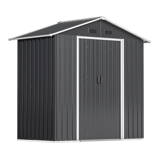 Outsunny Metal Garden Storage Shed, a dark grey structure with double doors and a pitched roof
