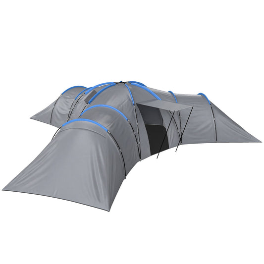 Outsunny 6-9 Man Large Tunnel Tent with 3 Bedrooms, a grey camping tent with blue poles and multiple sections