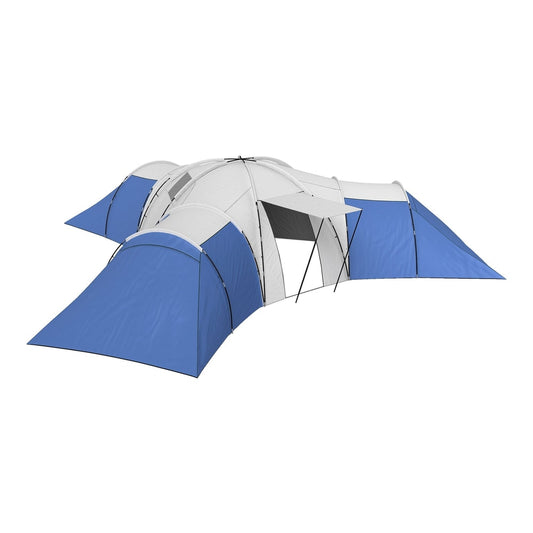 Outsunny 6-9 Man Tent with Bedrooms and Living Room, a large blue and white camping shelter with multiple sections