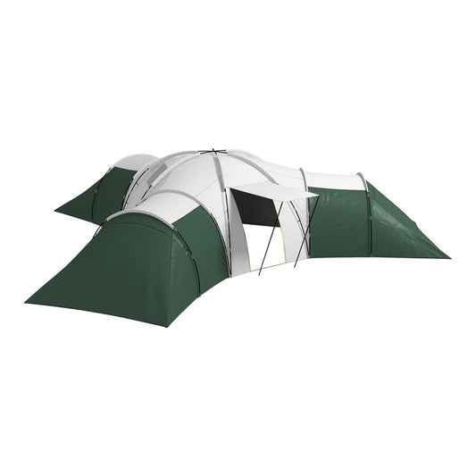 Outsunny 6-9 Man Tent with Bedrooms and Living Room, a large green and white camping tent with multiple sections