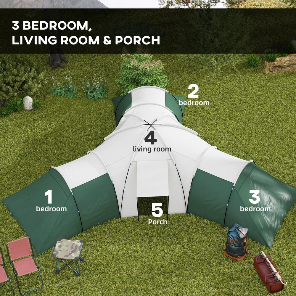 Overhead view of the large green and white camping tent, labelling the bedrooms, living room and porch