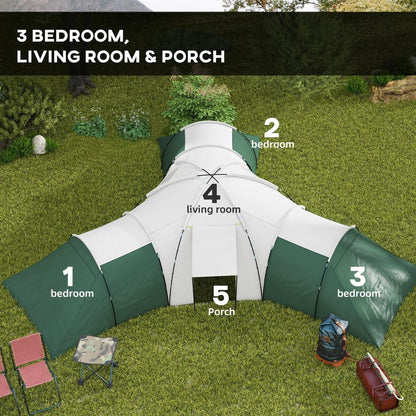 Overhead view of the large green and white camping tent, labelling the bedrooms, living room and porch