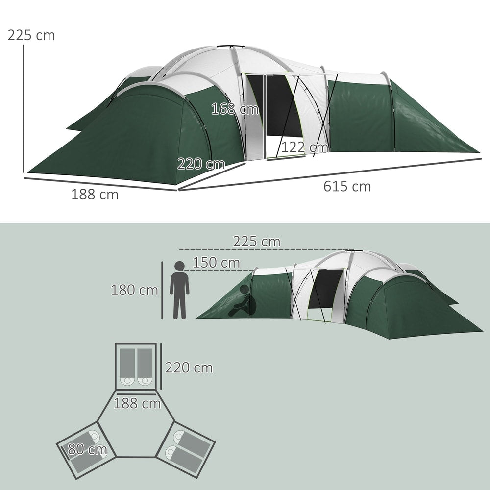 Diagram showing the dimensions of the large green and white camping tent and its bedroom layout