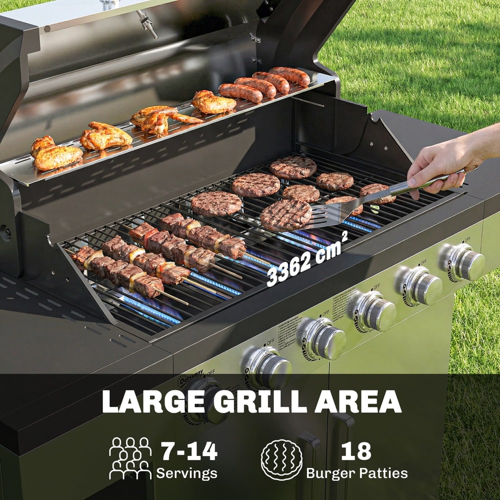 Close up of the large grill area on the gas BBQ grill showing burgers and skewers