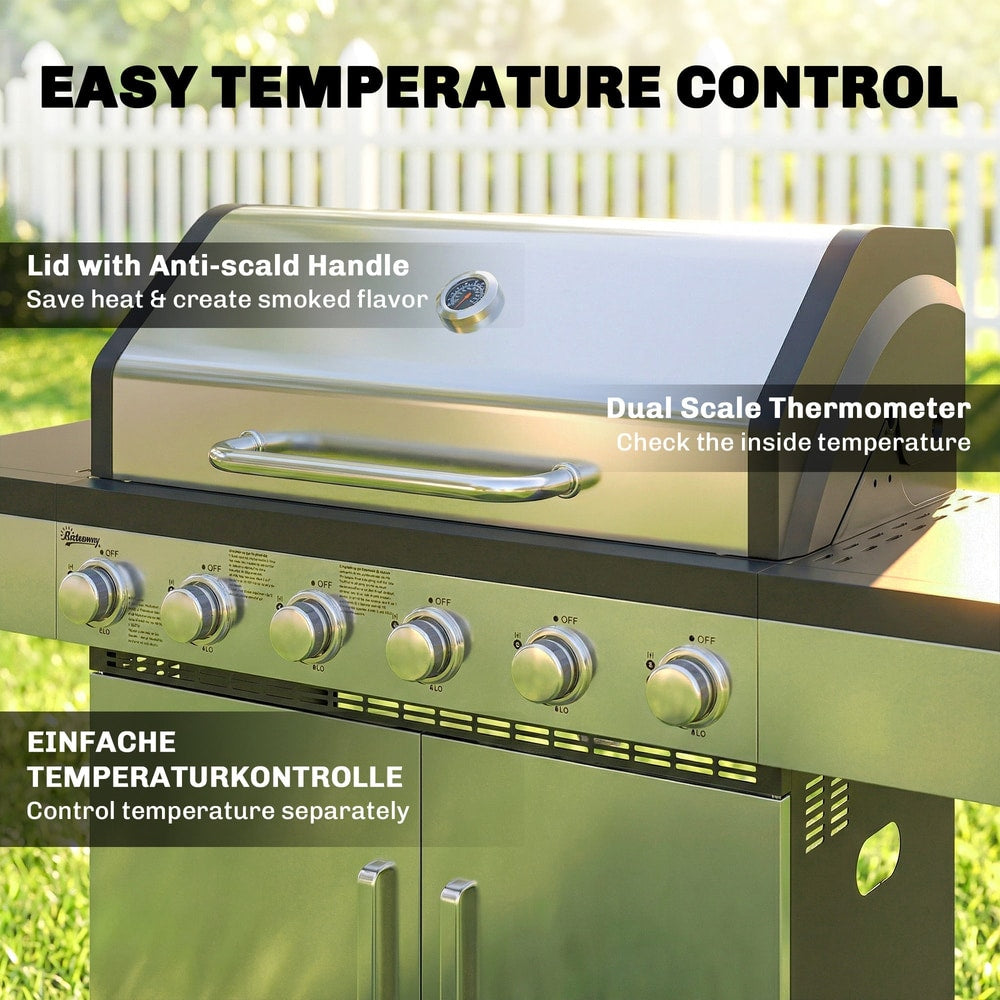 Close up of the lid and temperature gauge on the gas BBQ grill