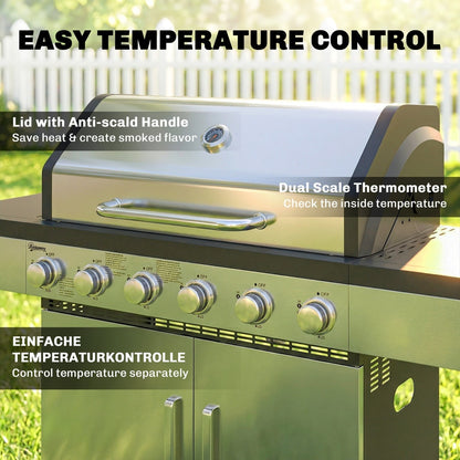 Close up of the lid and temperature gauge on the gas BBQ grill