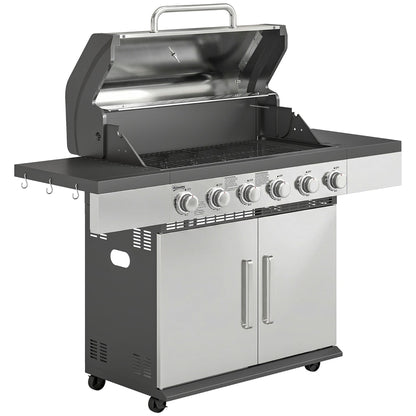 Outsunny 6 Burner Liquid Propane Gas BBQ Grill with warming rack and side tables