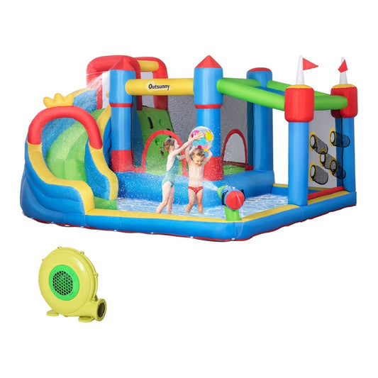 Outsunny 6 in 1 Kids Bouncy Castle with a water slide and an air blower on a white background