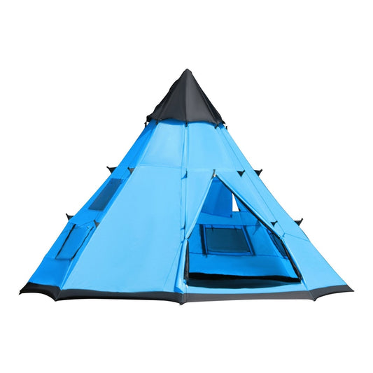 Outsunny 6 Men Tipi Tent with Carry Bag in blue with a black top and an open entrance