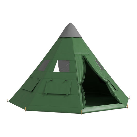 Outsunny 6 Men Tipi Tent with Carry Bag in green, a large conical tent with a zipped entrance and windows