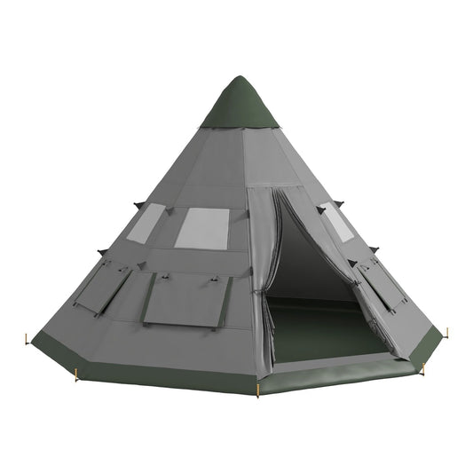 Outsunny 6 Men Tipi Tent with Carry Bag in grey with the front entrance flap open