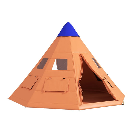 Outsunny 6 Men Tipi Tent with Carry Bag in orange with a blue top, shown from the front with the door open
