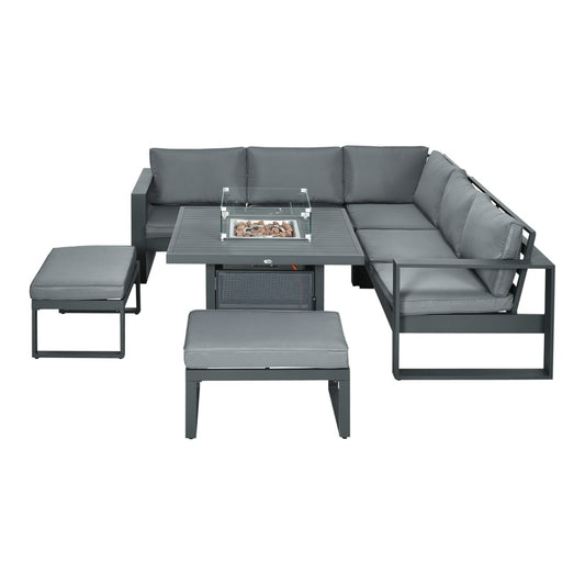 Outsunny 6-Piece Aluminium Garden Furniture Set, a grey sectional corner sofa with a fire pit table and two footstools