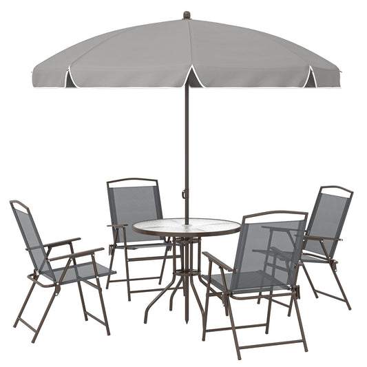 Outsunny 6 Piece Garden Dining Set with Umbrella, a round table with four folding chairs and a parasol