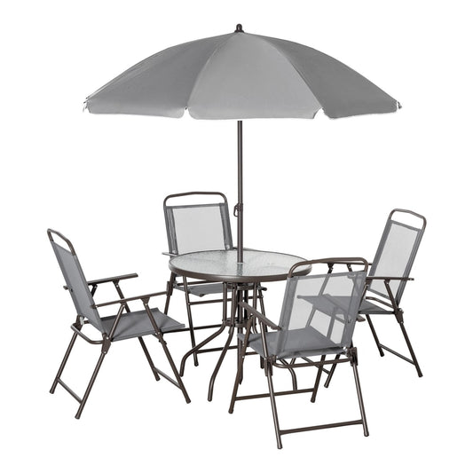 Outsunny 6 Piece Garden Dining Set with Umbrella, grey outdoor dining set with round glass table and four folding chairs