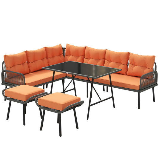 Outsunny 6 Piece Rattan Garden Furniture Set with orange cushions and a glass top table