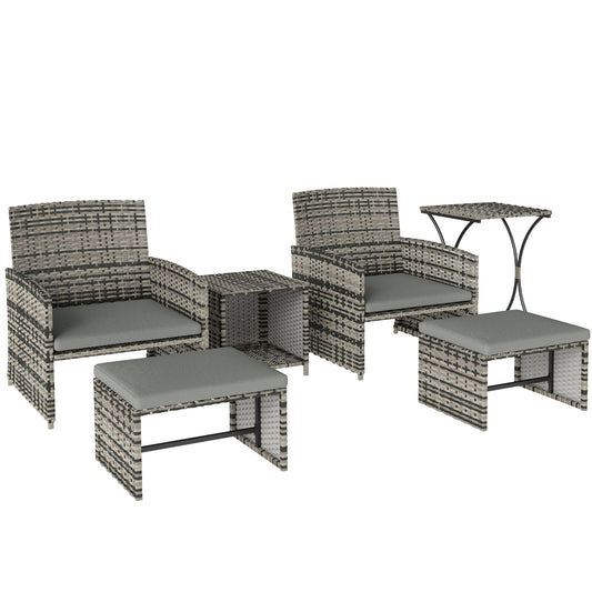 Outsunny 6 Piece Rattan Garden Furniture set with two chairs, two stools, a side table and a small table