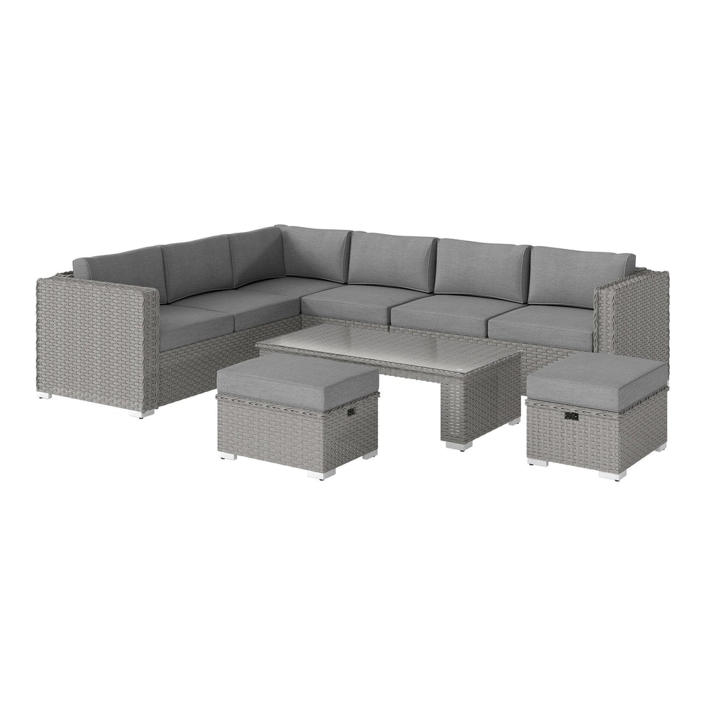 Outsunny 6 Pieces Outdoor PE Rattan Wicker Corner Sofa Set with grey cushions and glass top coffee table