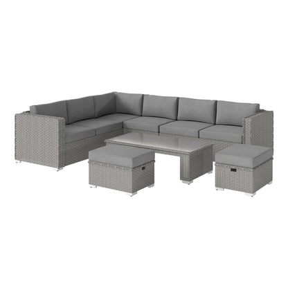 Outsunny 6 Pieces Outdoor PE Rattan Wicker Corner Sofa Set with grey cushions and glass top coffee table