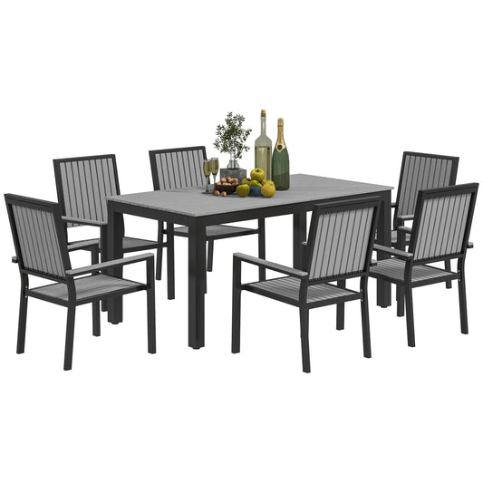 Outsunny 6 Seater Garden Dining Set with Stackable Chairs, a grey rectangular table with six chairs around it