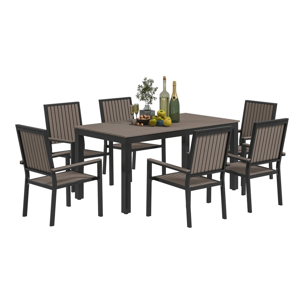 Outsunny 6 Seater Garden Dining Set with Stackable Chairs, brown plastic tabletop and aluminium frame chairs