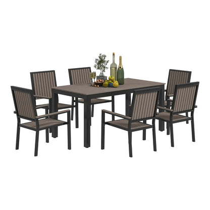Outsunny 6 Seater Garden Dining Set with Stackable Chairs, brown plastic tabletop and aluminium frame chairs