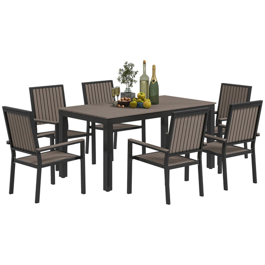 Outsunny 6 Seater Garden Dining Set with Stackable Chairs, brown plastic tabletop and aluminium frame chairs