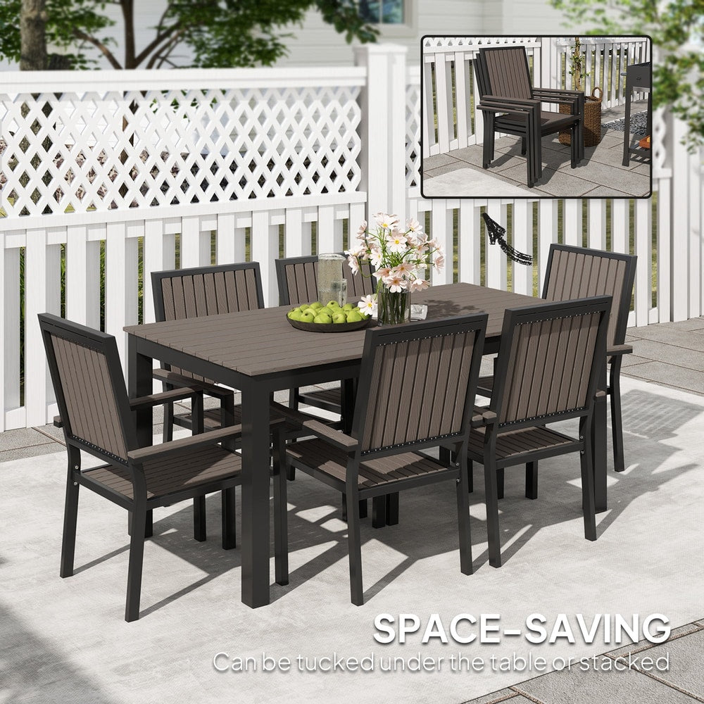 The stackable garden dining set chairs tucked under the table