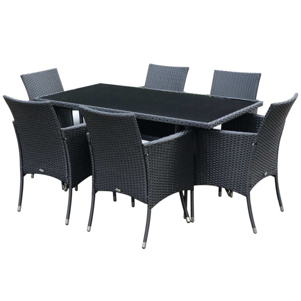 Outsunny 6 Seater Rattan Dining Set with Cushions, black rattan furniture set with rectangular glass top table and six