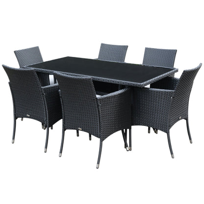 Outsunny 6 Seater Rattan Dining Set with Cushions, black rattan furniture set with rectangular glass top table and six